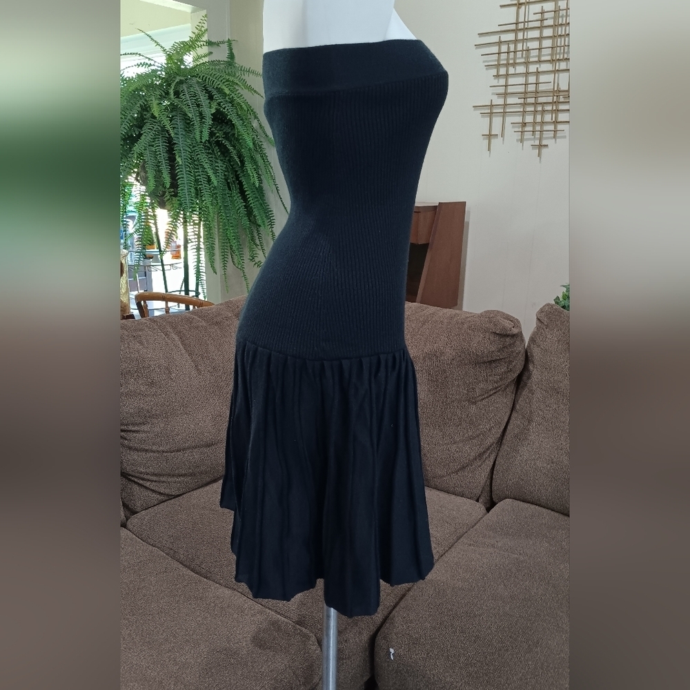 Gizel Mini Black Knit Ribbed Dress Pleated Strapless Drop Waist Tube Top Size S - Picture 4 of 11